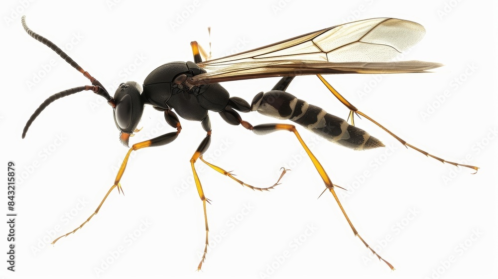 Wall mural black and yellow wasp with translucent wings is standing on a white background