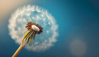 dandelion on blue backdrop, symbolizing freedom and wishes