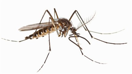 Macro shot of a mosquito against a white backdrop, showcasing its extended legs and proboscis