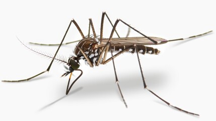 Aedes albopictus, an asian tiger mosquito, elegantly displayed against a white backdrop, highlighting its striped body and hairy legs