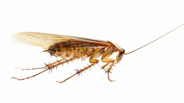 Close-up image of an american cockroach crawling on a white surface, showcasing its antennae and legs. The unhealthy-looking brown insect suggests a potential household infestation