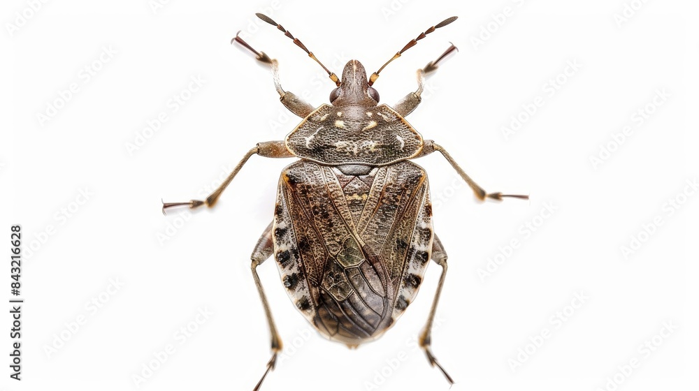 Poster single brown marmorated stink bug standing on a white background showing its underside