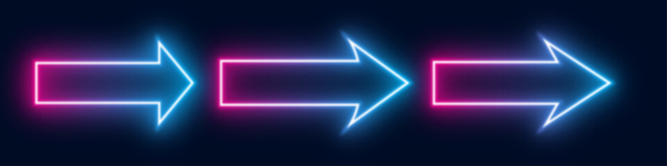 neon arrow icon with blue and violet bright light on dark background. three ( 3 ) arrows sign vector for element of ilustration design