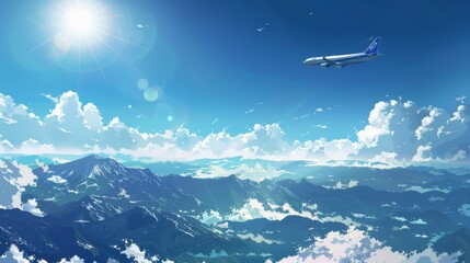 A bright midday sky with a single airplane flying high above the mountains, Japanese animation background