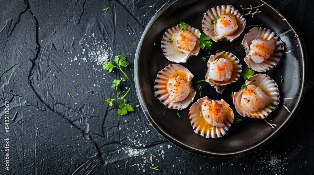 Poster scallops in shell served on a black table from above room for adding text