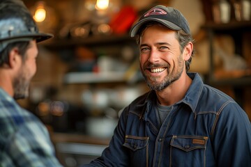 A smiling contractor in a blue shirt and cap talks with a homeowner in a casual setting
