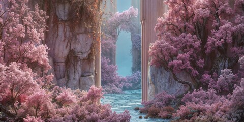The ruins of an ancient civilization overgrown with blooming rose bushes and trees