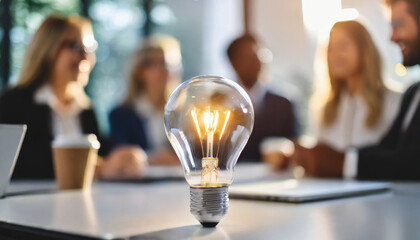 glowing light bulb on a white tabletop symbolizes innovation and bright ideas, with blurred business people meeting in the background, emphasizing collaboration and creativity