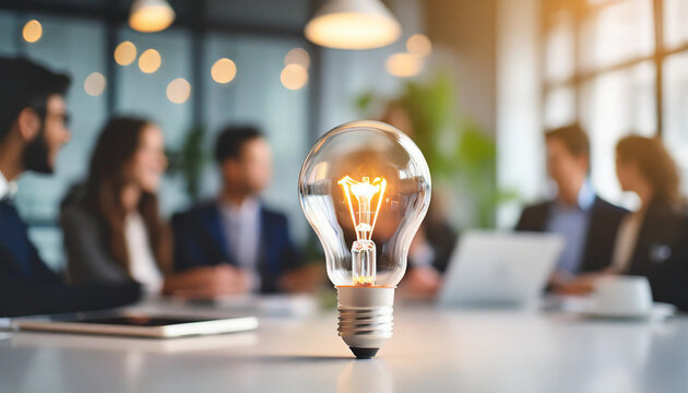 glowing light bulb on a white tabletop symbolizes innovation and bright ideas, with blurred business people meeting in the background, emphasizing collaboration and creativity