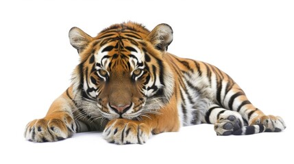 Fototapeta premium Majestic tiger resting on a white surface, with its head resting on its paws