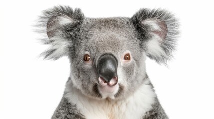 Australian koala bear sitting calmly and gazing at the camera on a simple white background - ideal for nature and animal enthusiasts