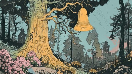 Bell hanging on a tree in a forest for a rustic wedding invitation