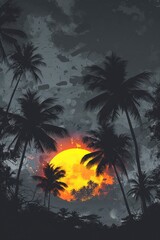 Obraz premium Tropical sunset pattern with palm trees and warm hues