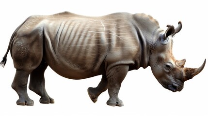 Obraz premium Elegant white rhinoceros struts gracefully against a white backdrop, highlighting its power and allure. The horn serves as a poignant reminder of its endangered state