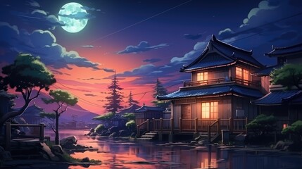 house at night with full moon view, anime cartoon style 