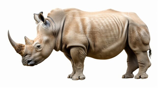 Majestic white rhinoceros stands proudly against a clean white background, showcasing its impressive horn and textured gray-brown skin