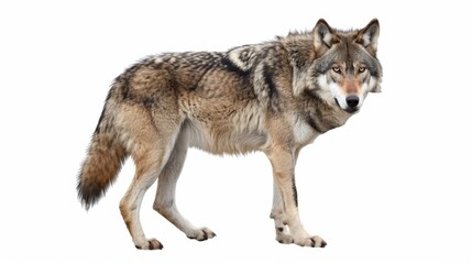 Majestic eurasian wolf displays strength and dominance against a white backdrop, showcasing its prowess as a formidable predator in its natural habitat