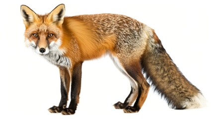Beautiful red fox stands on a white background, looking forward with clever eyes. Its striking orange fur and furry tail showcase the wild nature of this cunning carnivore