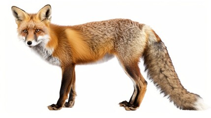 Fototapeta premium Proud red fox with alert eyes on a white background, showcasing its wild beauty and intelligence. Ideal for wildlife enthusiasts and photographers