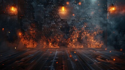 Dark basement room, empty old brick wall, sparks of fire and light on the walls and wooden floor. Dark background with smoke and bright highlights. neon lamps on the wall, night view, made by ai