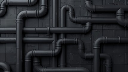 Black pipes on a dark wall for industrial or futuristic designs