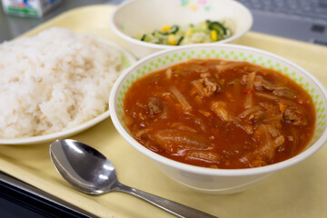 Hayashi rice is served as a school lunch in Japan. 
