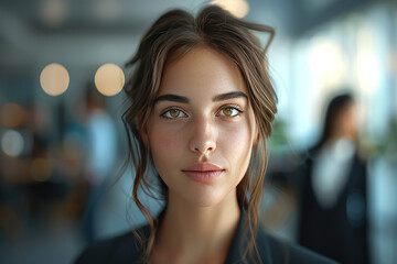 Fototapeta premium Portrait of a Thoughtful Woman in Soft Lighting Highlighting Her Calm Expression and Reflective Mood