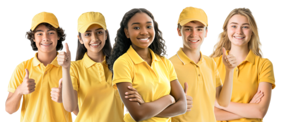 18 year multiethnic teamwork wearing yellow uniform for fast food or delivery service job. Isolated over transparent background