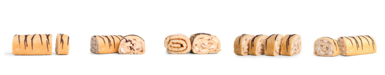 Set of sweet sponge cake roll on white background