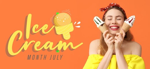 Banner for ice-cream month with happy young woman on orange background
