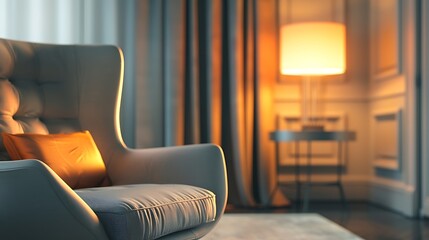 sleek interior with sofa set and decoration with the frames on the wall isolated  and lamp set ted on the white background with bedroom and table