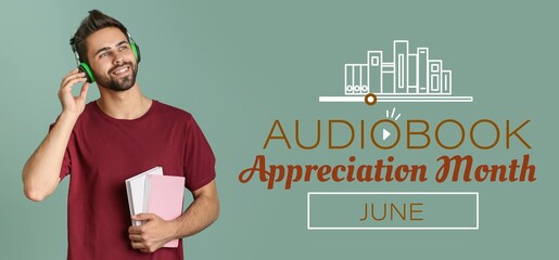 Young man with books and headphones on color background. Audiobook Appreciation Month