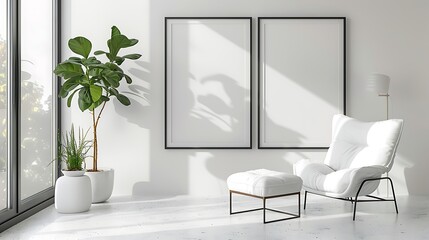 sleek interior with sofa set and decoration with the frames on the wall isolated  and lamp set ted on the white background with bedroom and table