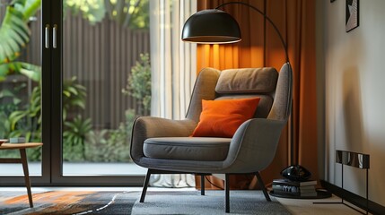 sleek interior with sofa set and decoration with the frames on the wall isolated  and lamp set ted on the white background with bedroom and table