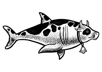 Cow shark abstract animal, sketch engraving PNG illustration. T-shirt apparel print design. Scratch board imitation. Black and white hand drawn image.