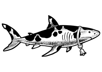 Shark cow abstract animal, sketch engraving PNG illustration. T-shirt apparel print design. Scratch board imitation. Black and white hand drawn image.