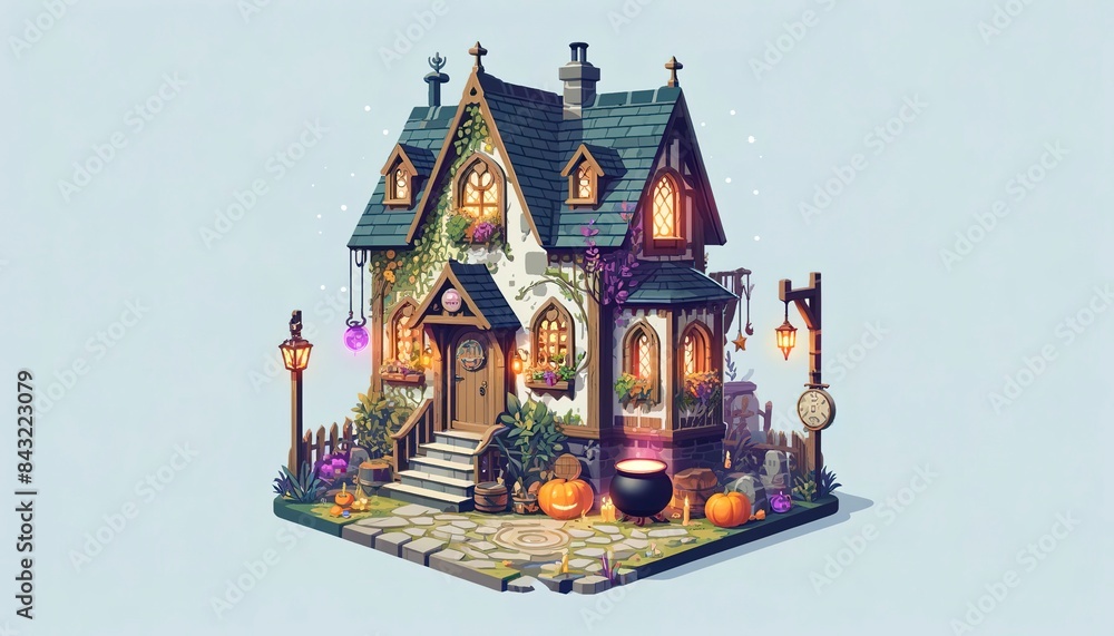 Poster Witch's cottage flat design front view spellbinding home theme 3D render Triadic Color Scheme