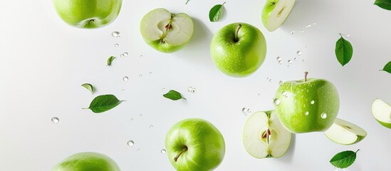Levitating fresh green apples, apple halves, and slices displayed against a white backdrop.