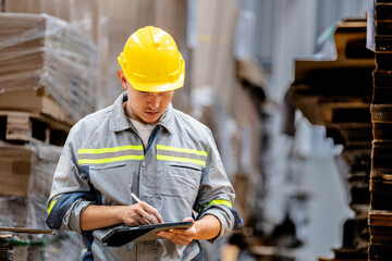 man worker walking and checking stock items for shipping. male inspecting the store factory....