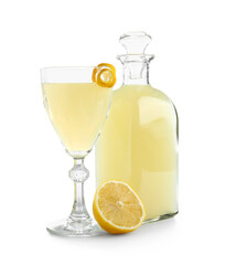 Glass and bottle of tasty Limoncello on white background