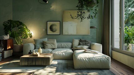 sleek interior with sofa set and decoration with the frames on the wall isolated  and lamp set ted on the white background with bedroom and table