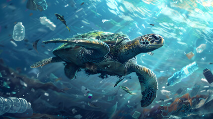 Obraz premium turtle swimming in the ocean amidst plastic waste