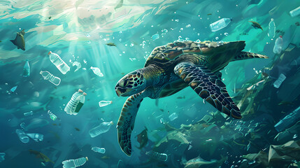 turtle swimming in the ocean amidst plastic waste