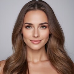 Fototapeta premium Pretty european beauty woman long hair with makeup glowing face and healthy facial skin portrait smile on isolated white background