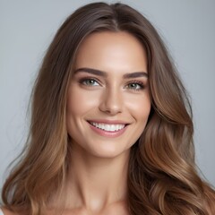 Naklejka premium Pretty european beauty woman long hair with makeup glowing face and healthy facial skin portrait smile on isolated white background