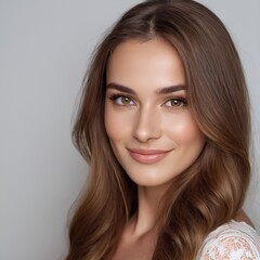 Naklejka premium Pretty european beauty woman long hair with makeup glowing face and healthy facial skin portrait smile on isolated white background