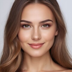 Fototapeta premium Pretty european beauty woman long hair with makeup glowing face and healthy facial skin portrait smile on isolated white background