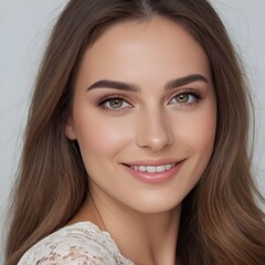 Fototapeta premium Pretty european beauty woman long hair with makeup glowing face and healthy facial skin portrait smile on isolated white background