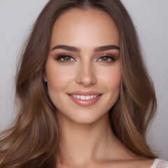 Fototapeta premium Pretty european beauty woman long hair with makeup glowing face and healthy facial skin portrait smile on isolated white background