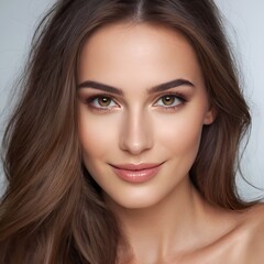 Fototapeta premium Pretty european beauty woman long hair with makeup glowing face and healthy facial skin portrait smile on isolated white background